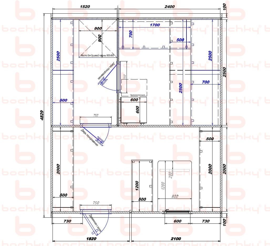 1520×2400-1820×2100 entrance left oven at the middle bottom
