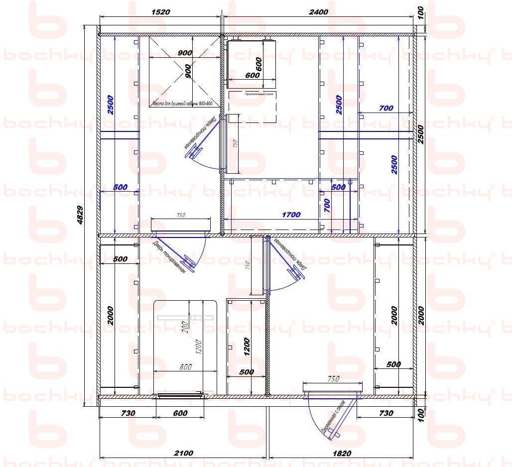 1520×2400-2100×1820 entrance on the right side of the oven at the blind bottom