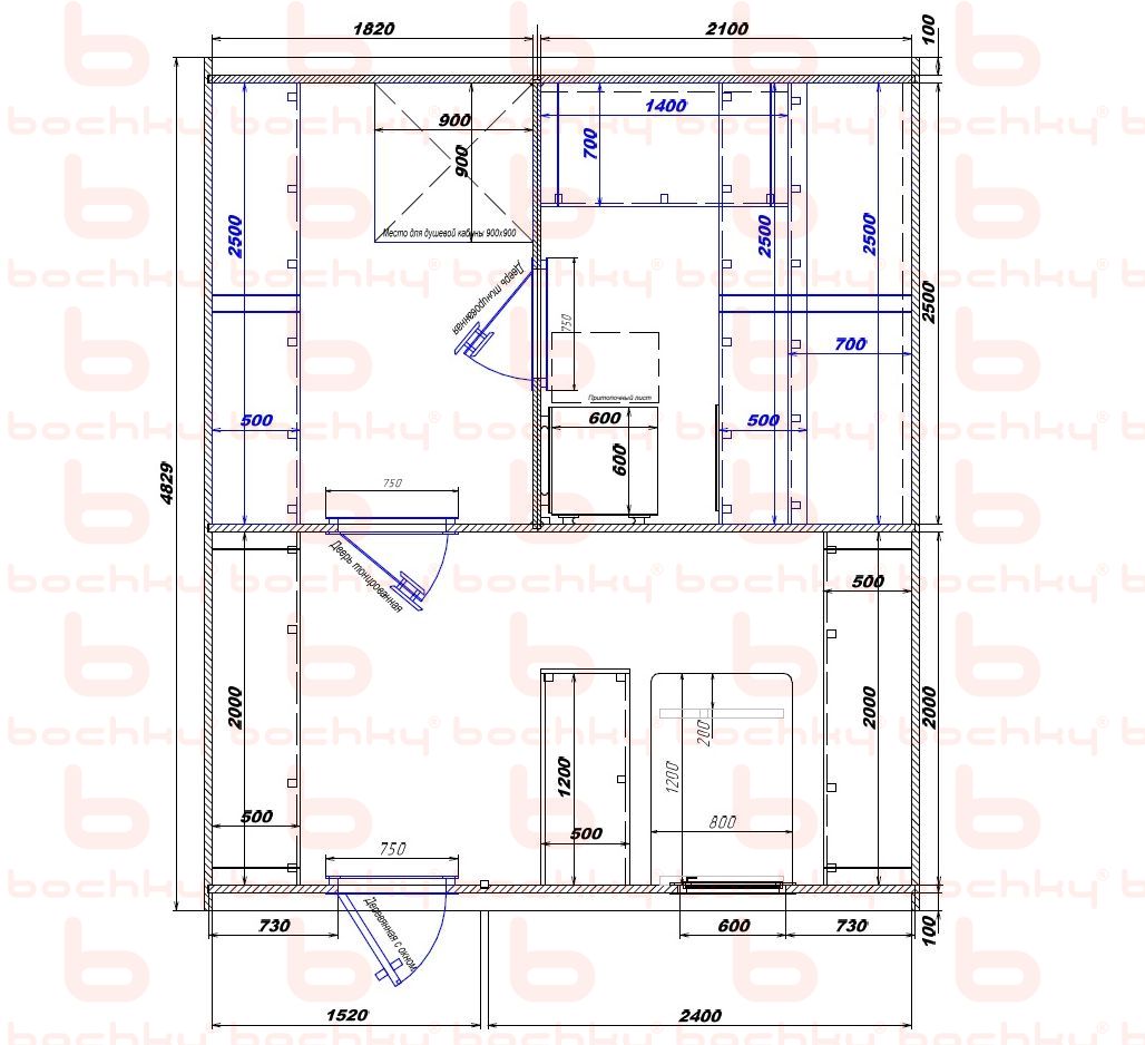 1820×2100-1520×2400 entrance left oven at the middle bottom