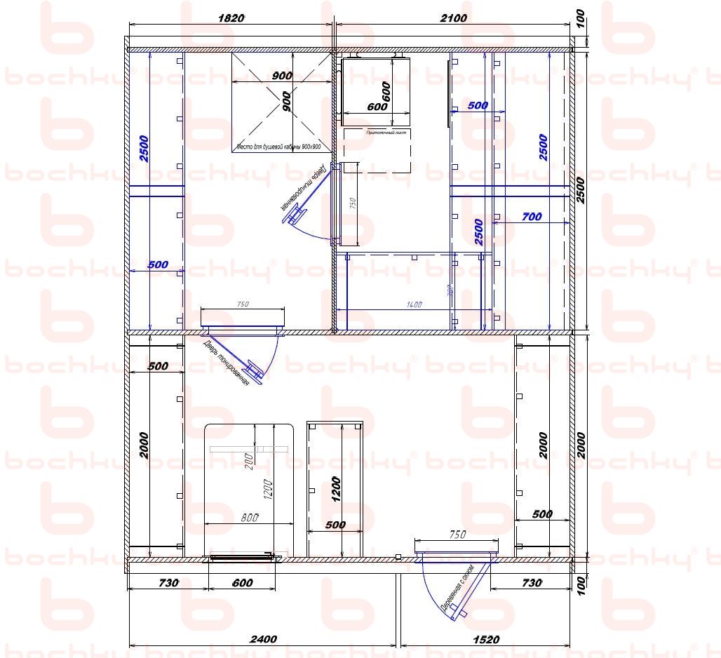 1820×2100-2400×1520 entrance on the right side of the oven at the blind bottom