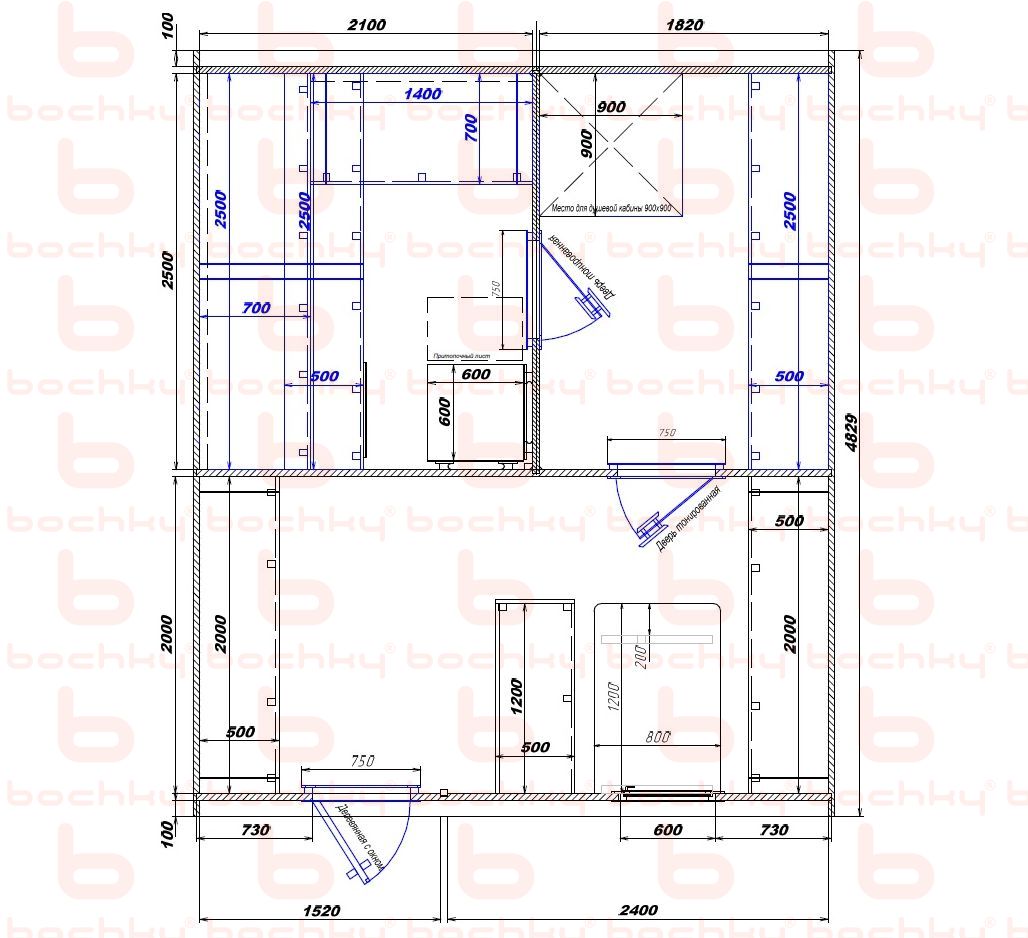 2100×1820-1520×2400 entrance left oven at the middle bottom