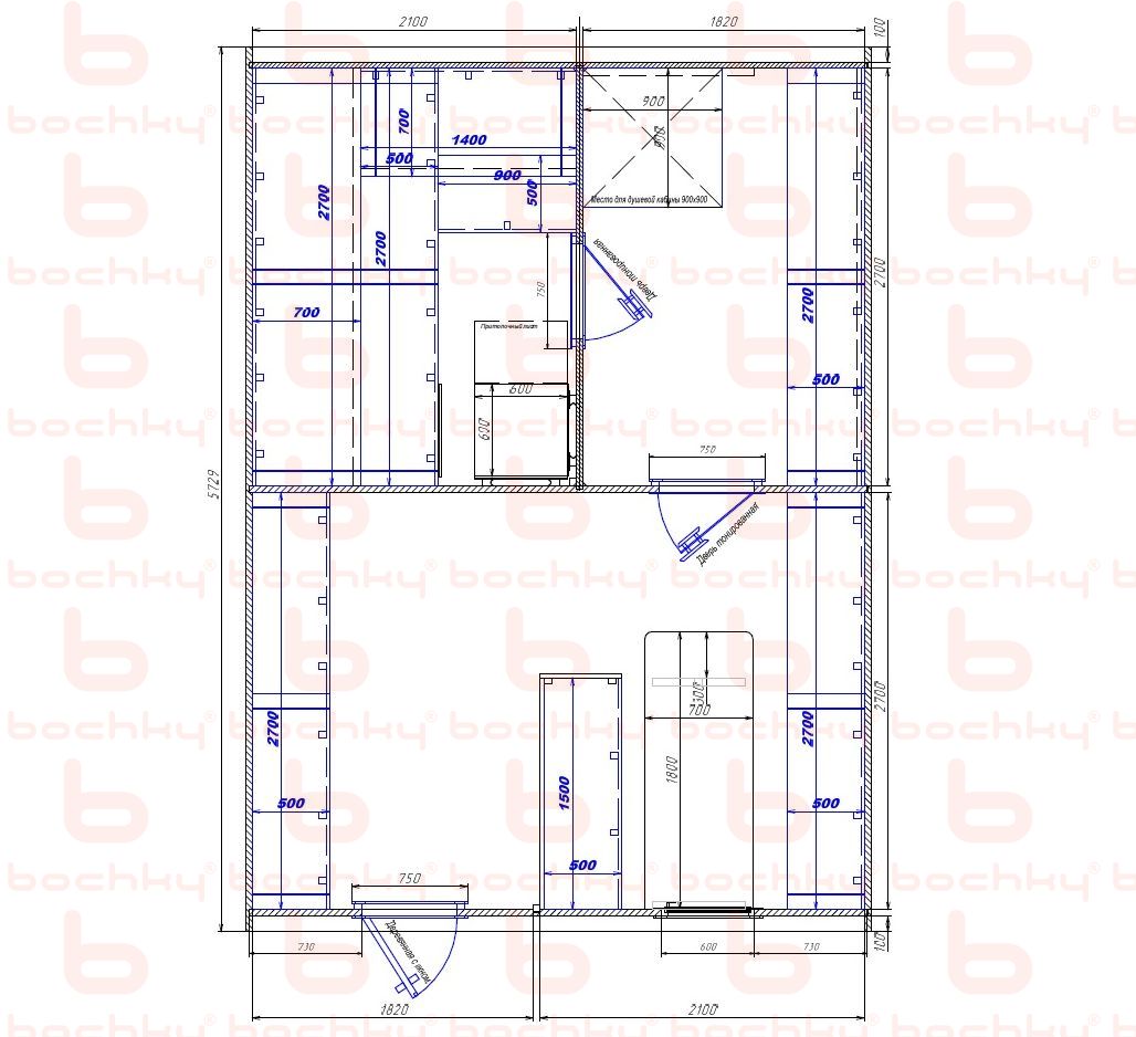 2100×1820-1820×2100 entrance left oven at the middle bottom