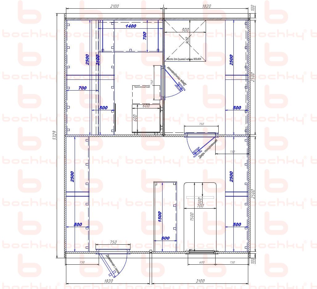 2100×1820-1820×2100 entrance left oven at the middle bottom