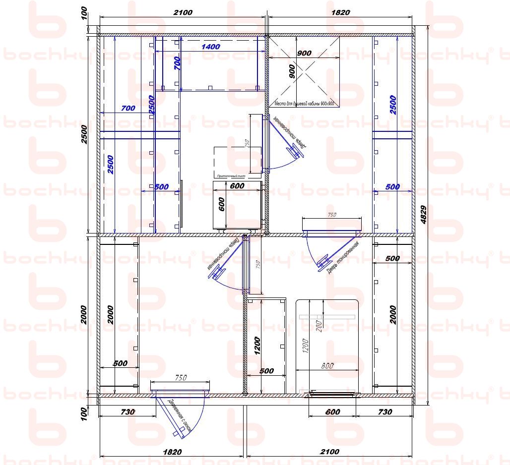 2100×1820-1820×2100 entrance left oven at the middle bottom
