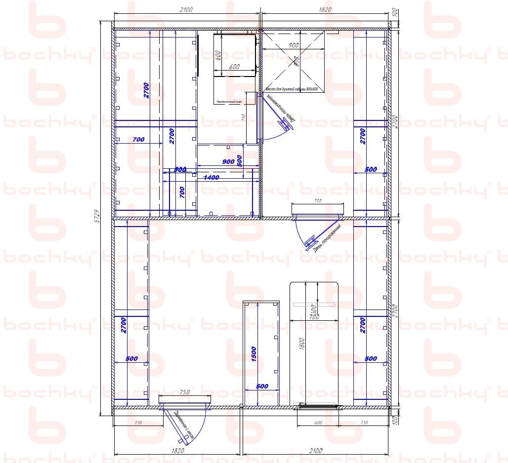 2100×1820-1820×2100 entrance on the left of the furnace at the blind bottom