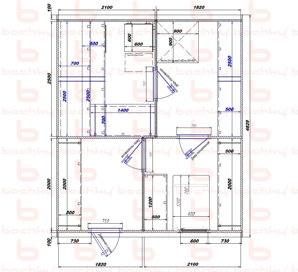 2100×1820-1820×2100 entrance on the left of the furnace at the blind bottom