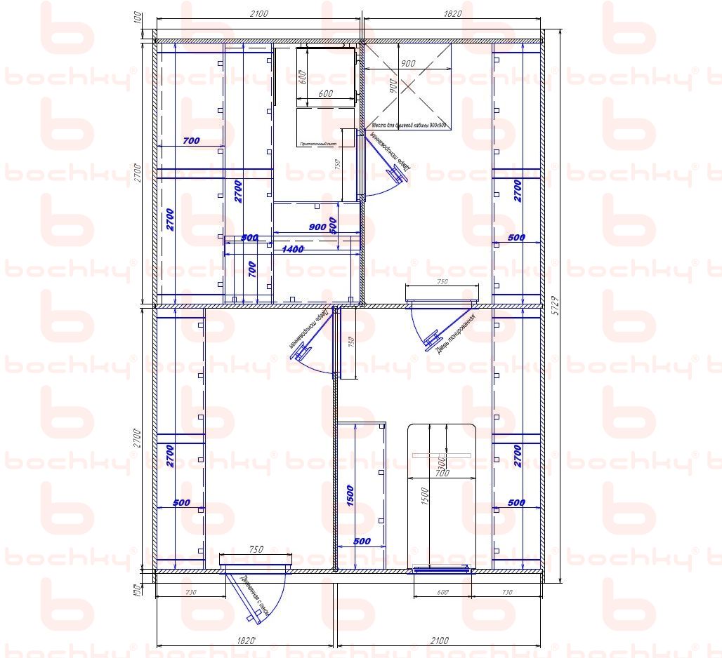 2100×1820-1820×2100 entrance on the left of the furnace at the blind bottom