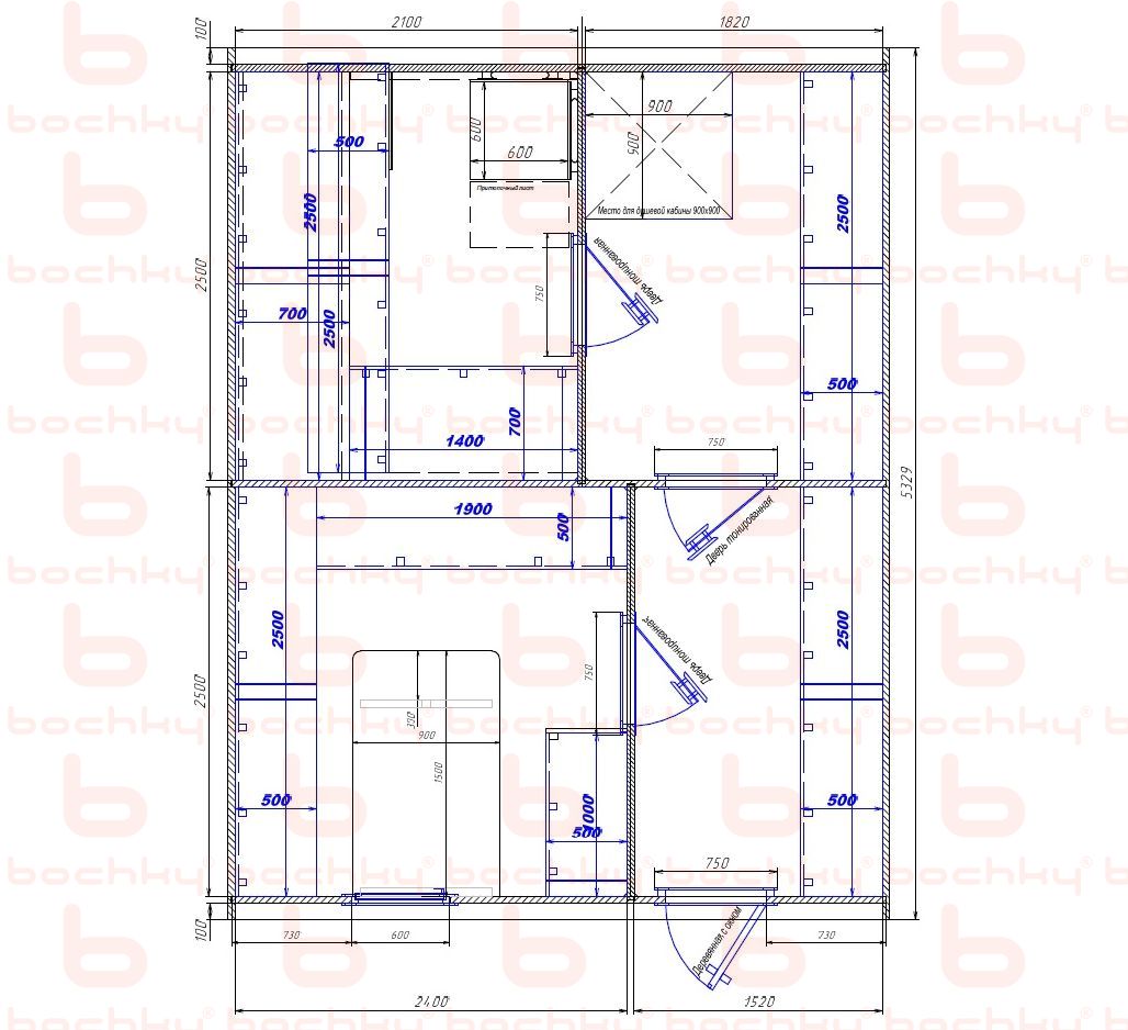 2100×1820-2400×1520 entrance on the right side of the oven at the blind bottom