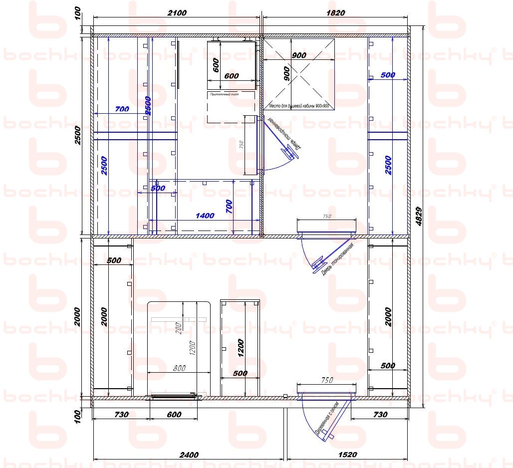 2100×1820-2400×1520 entrance on the right side of the oven at the blind bottom