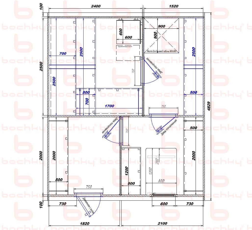 2400×1520-1820×2100 entrance to the left of the furnace at the blind bottom