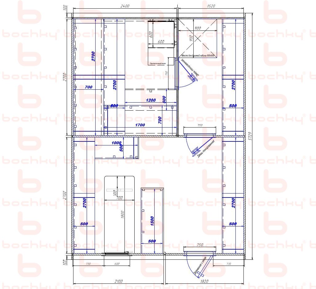 2400×1520-2100×1820 entrance on the right side of the oven at the blind bottom