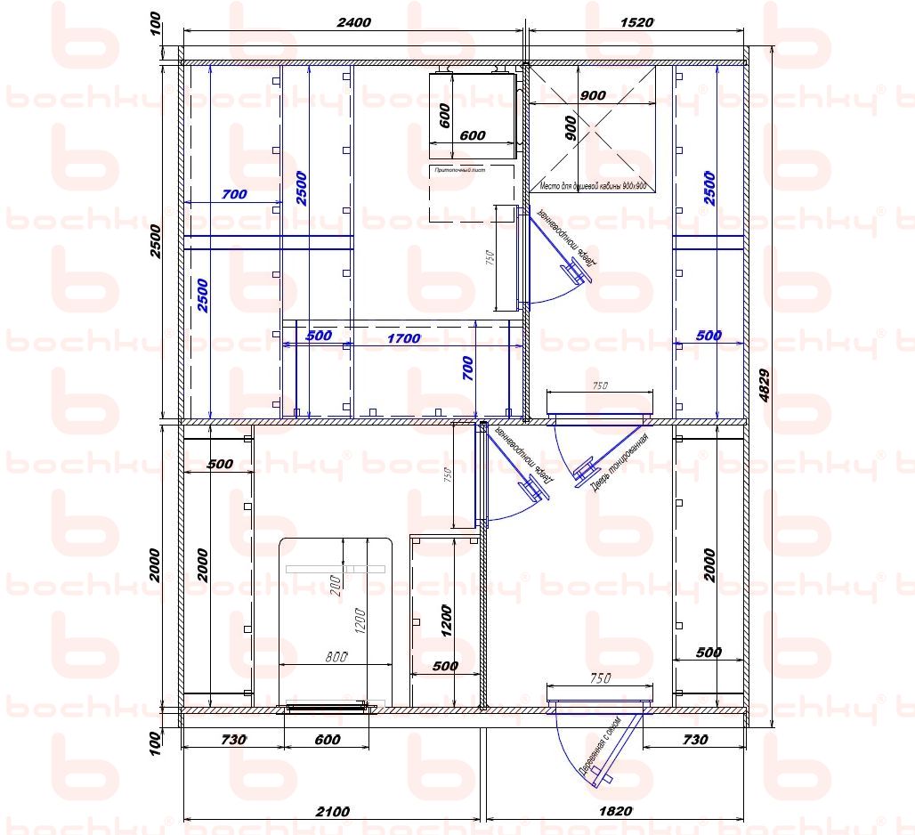 2400×1520-2100×1820 entrance on the right side of the oven at the blind bottom
