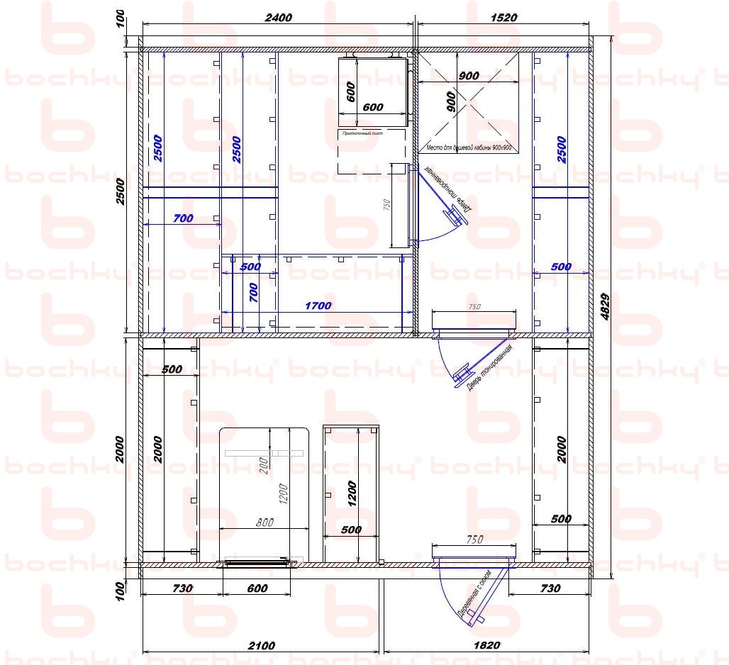 2400×1520-2100×1820 entrance on the right side of the oven at the blind bottom