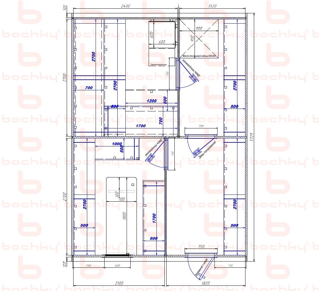 2400×1520-2100×1820 entrance on the right side of the oven at the blind bottom