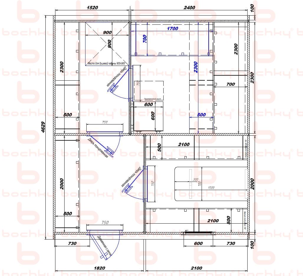 1520×2400-1820×2100 entrance left oven at the middle bottom Var 2