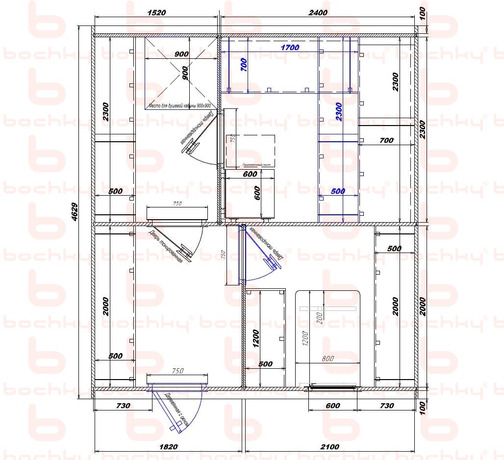 1520×2400-1820×2100 entrance left oven at the middle bottom