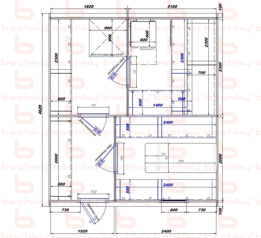 1820×2100-1520×2400 entrance left oven at the middle bottom Var 2