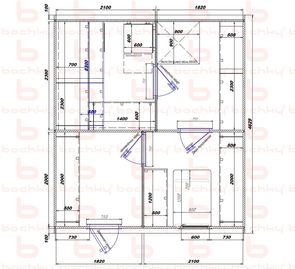 2100×1820-1820×2100 entrance on the left of the furnace at the blind bottom