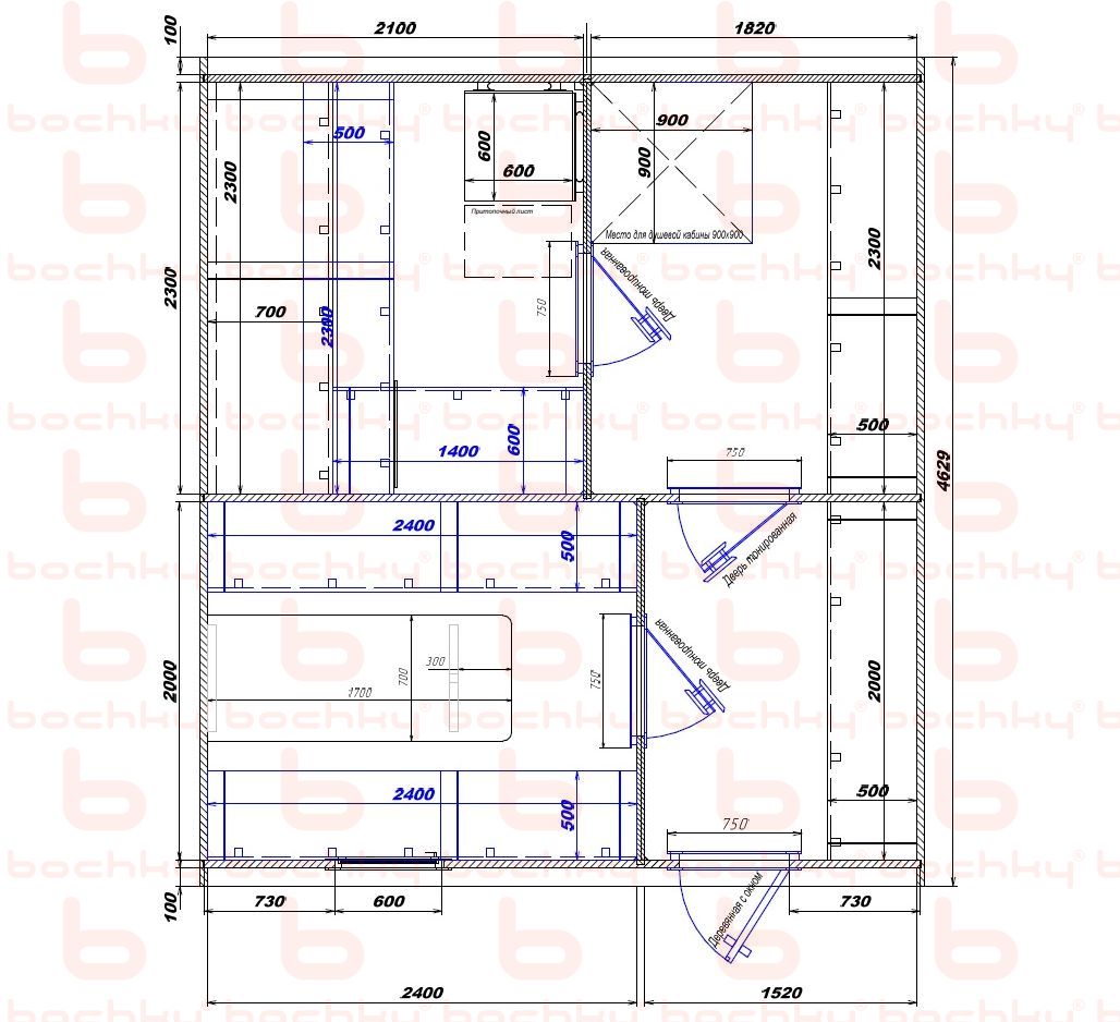 2100×1820-2400×1520 entrance on the right side of the oven at the blind bottom Var 2