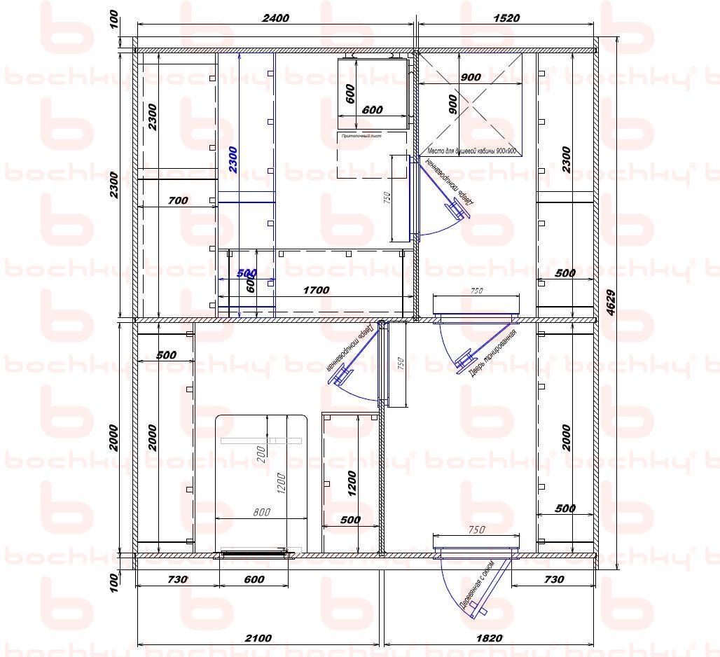 2400×1520-2100×1820 entrance on the right side of the oven at the blind bottom