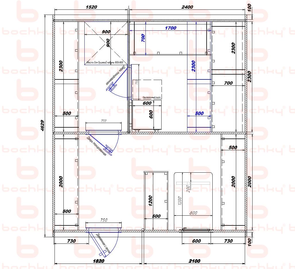 1520×2400-1820×2100 entrance left oven at the middle bottom