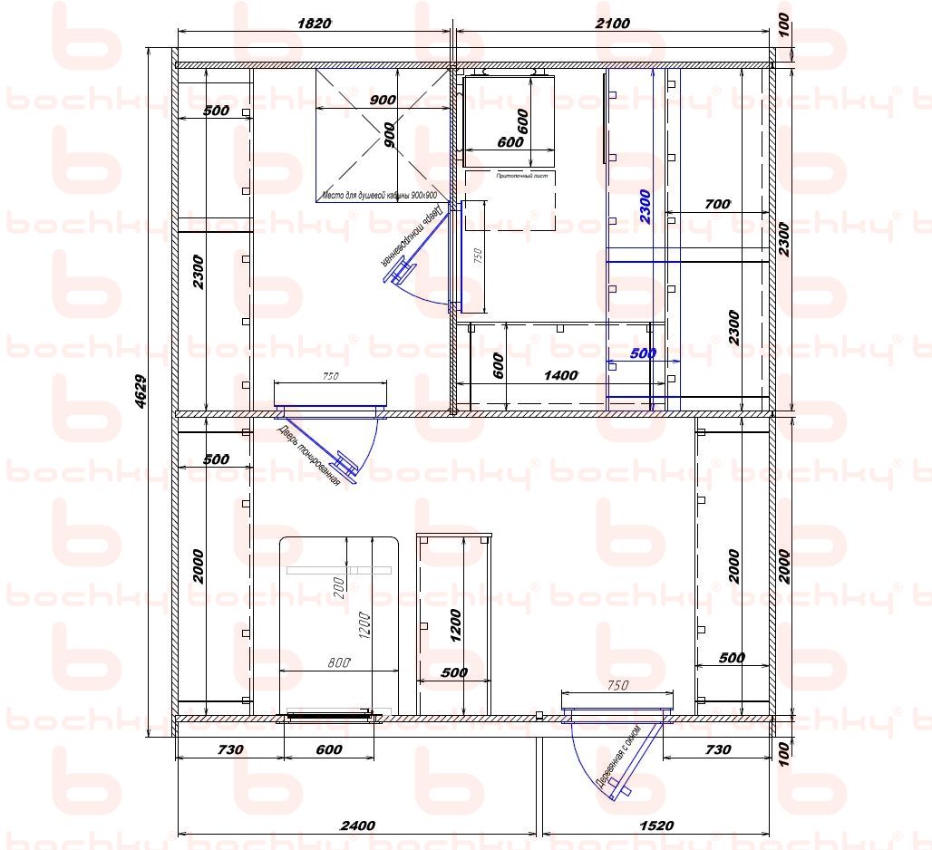 1820×2100-2400×1520 entrance on the right side of the oven at the blind bottom