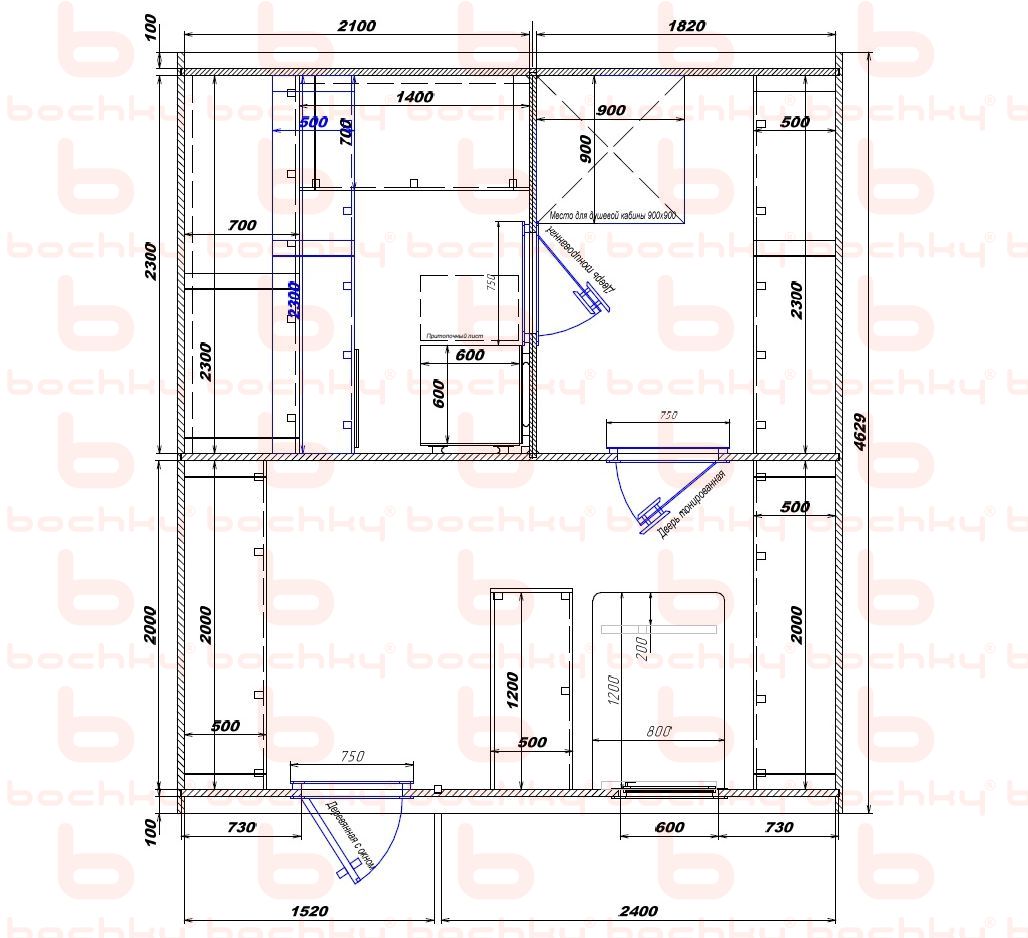 2100×1820-1520×2400 entrance left oven at the middle bottom