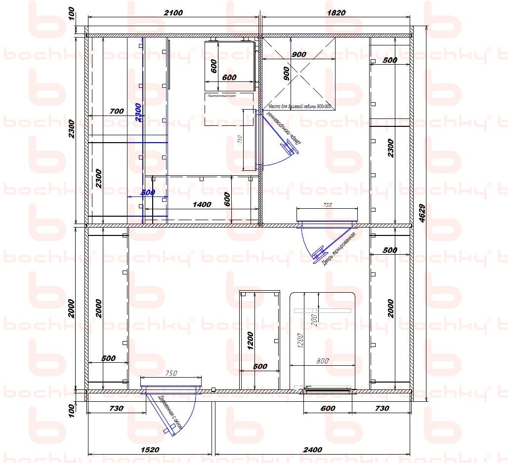 2100×1820-1520×2400 entrance on the left of the furnace at the blind bottom