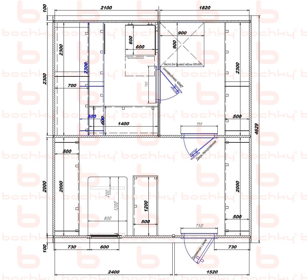 2100×1820-2400×1520 entrance on the right side of the oven at the blind bottom