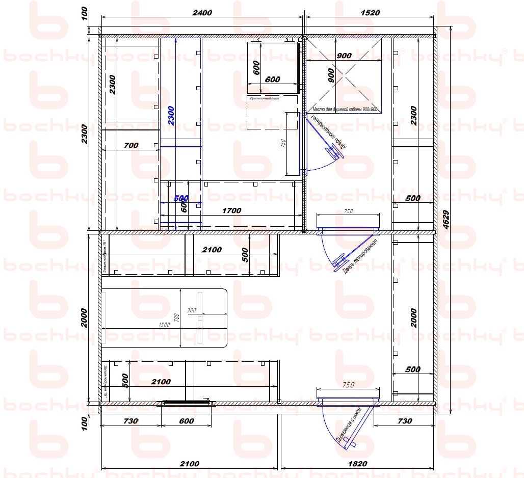 2400×1520-2100×1820 entrance on the right side of the oven at the blind bottom Var 2