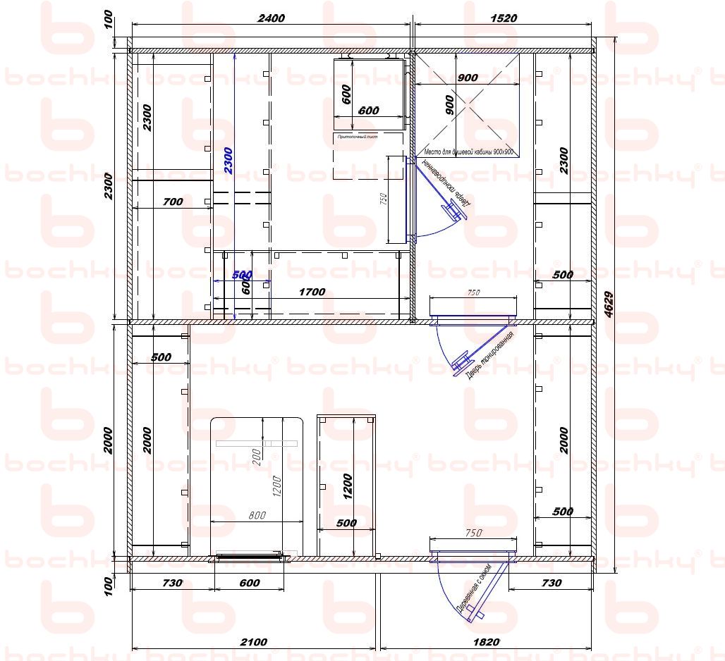 2100×1820 entrance on the right side of the oven at the blind bottom