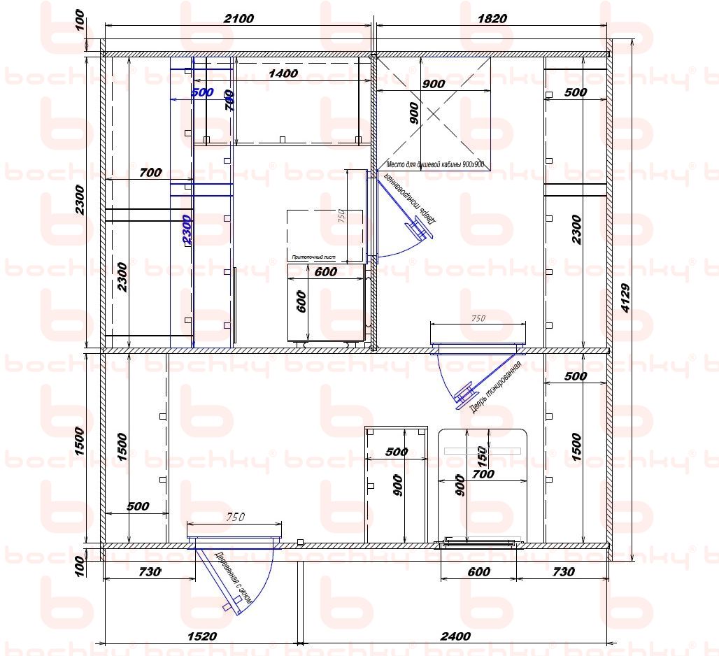 2100×1820-1520×2400 entrance left oven at the middle bottom