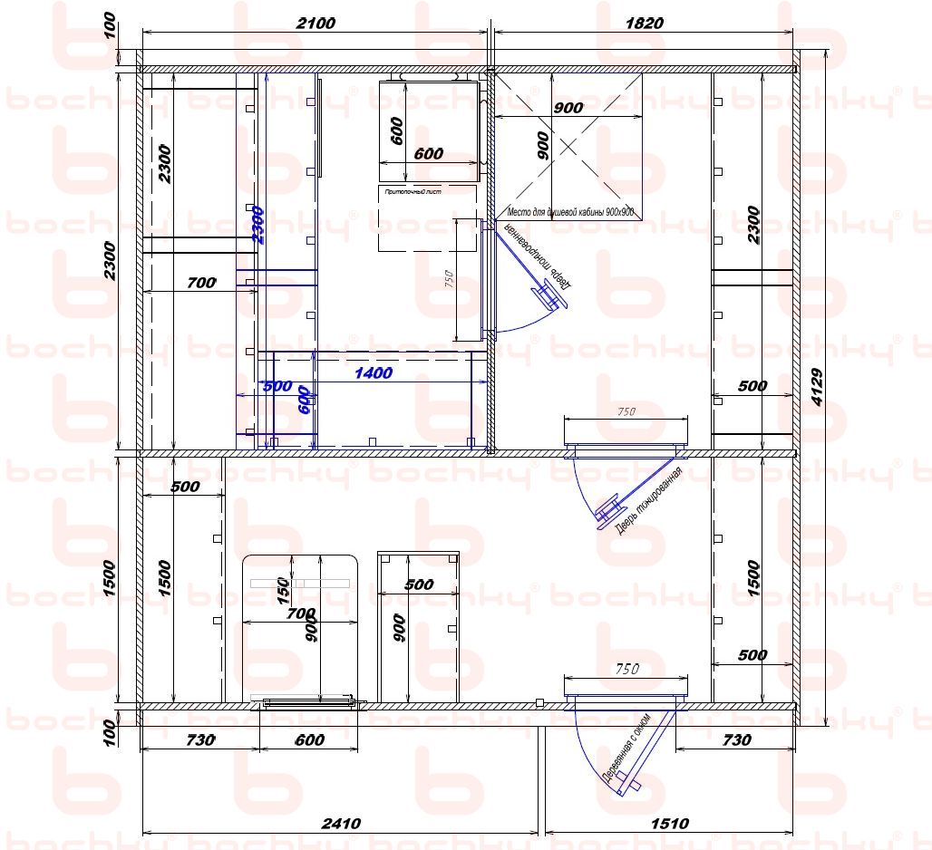 2100×1820-2400×1520 entrance on the right side of the oven at the blind bottom