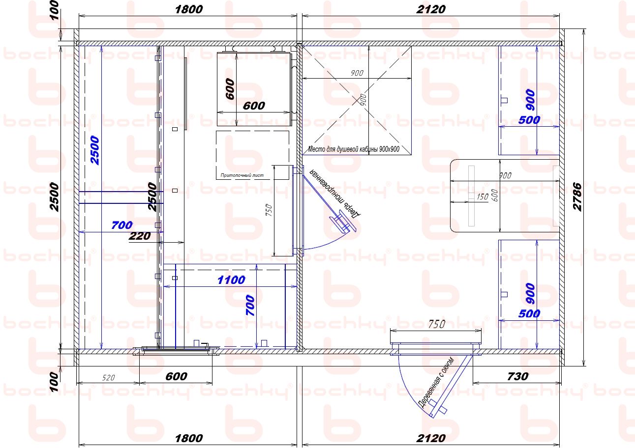 1800×2120 entrance on the right (shower) 2 into the oven at the blind bottom