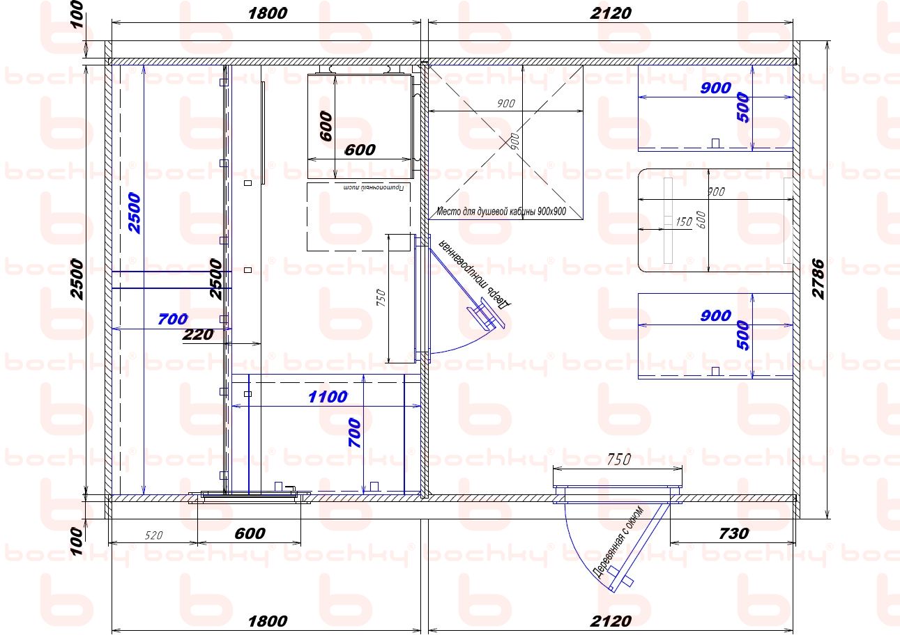 1800×2120 entrance on the right (shower) 2p oven at the blind bottom