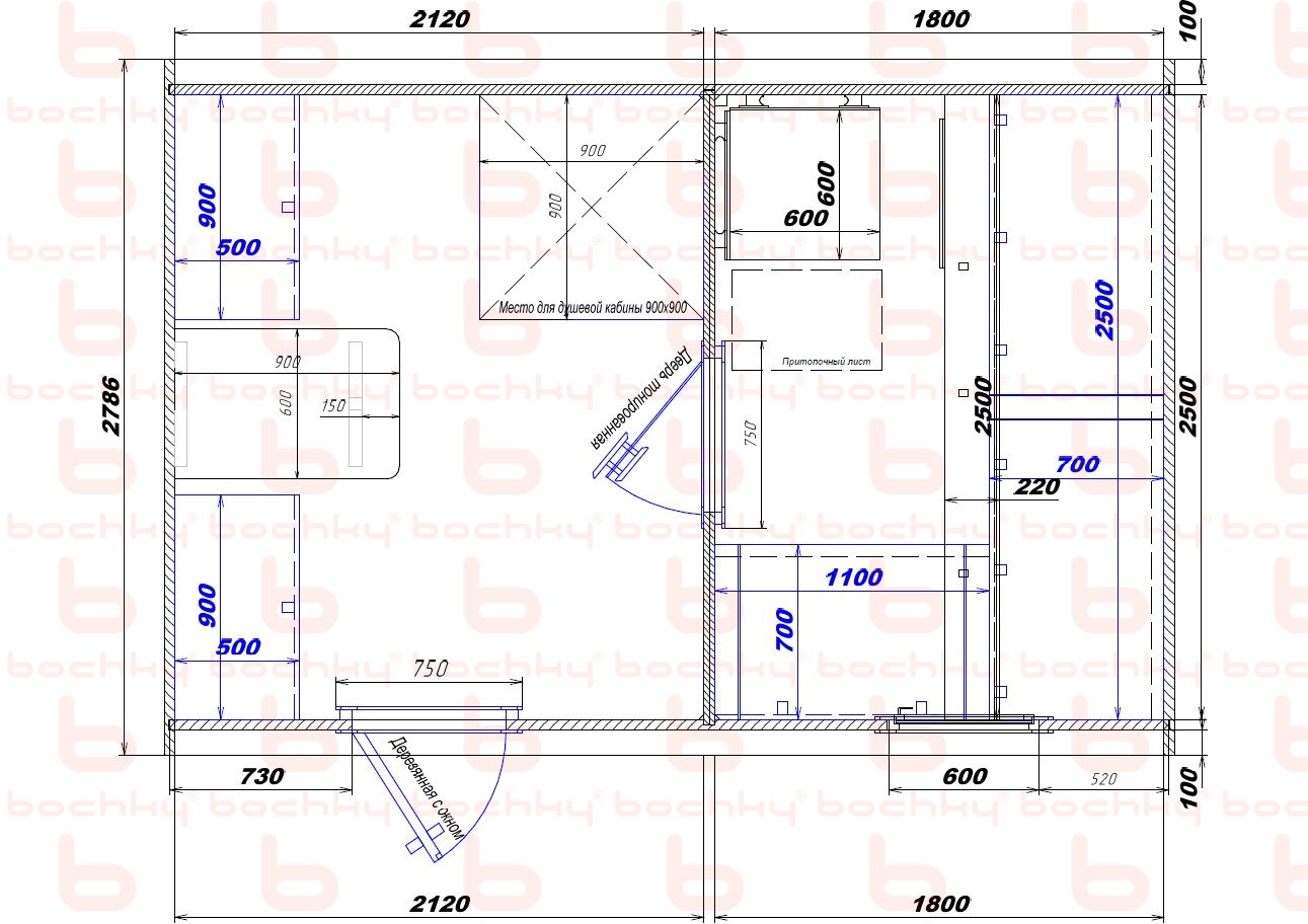 2120×1800 entrance on the left (shower) 2 into the oven at the blind bottom