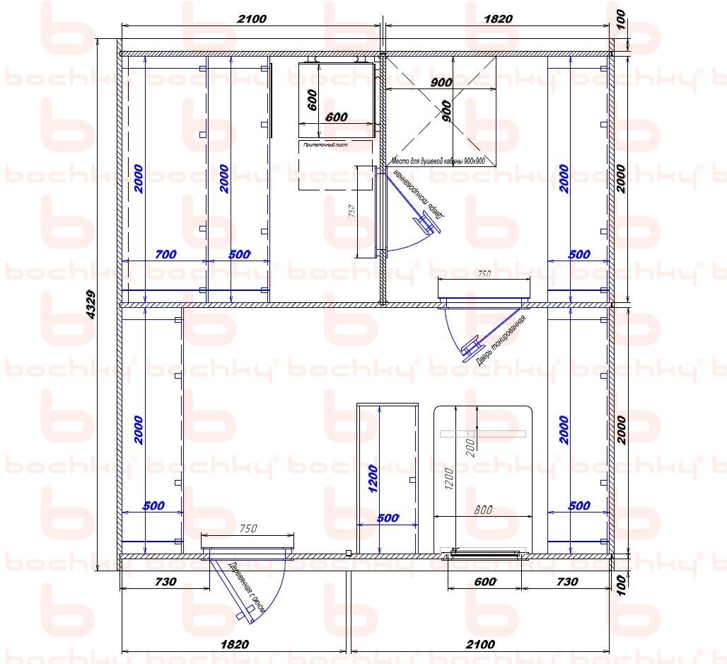 2100×1820-1820×2100 entrance on the left of the furnace at the blind bottom