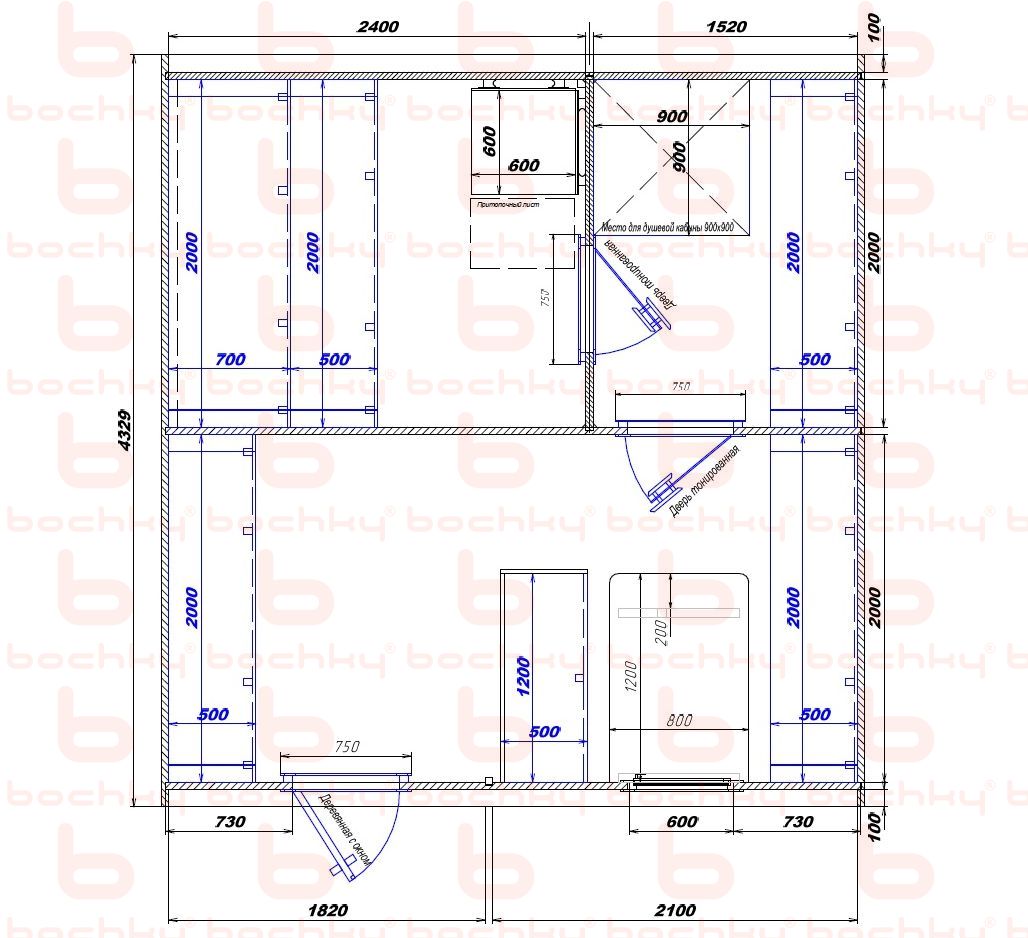 2400×1520-1820×2100 entrance to the left of the furnace at the blind bottom