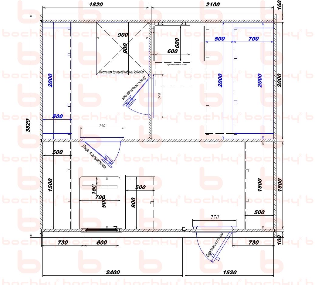 1820×2100-2400×1520 entrance on the right side of the oven at the blind bottom