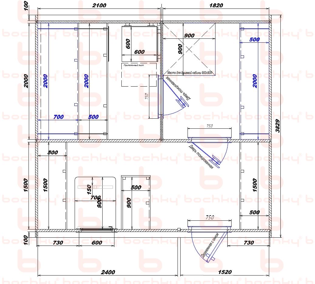 2100×1820-2400×1520 entrance on the right side of the oven at the blind bottom