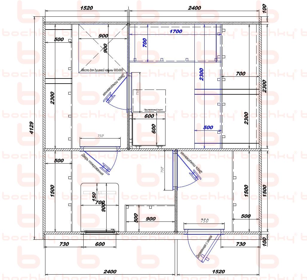 2400×1520-1820×2100 entrance to the left of the furnace at the blind bottom
