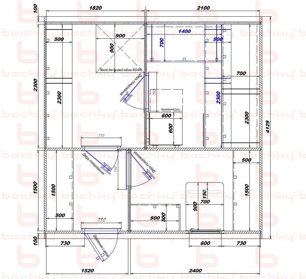 1820×2100-1520×2400 entrance left oven at the middle bottom