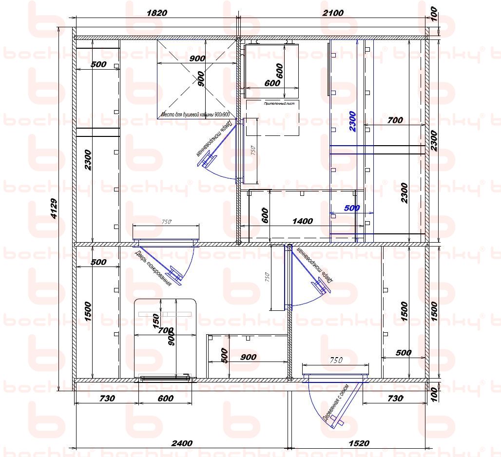 1820×2100-2400×1520 entrance on the right side of the oven at the blind bottom