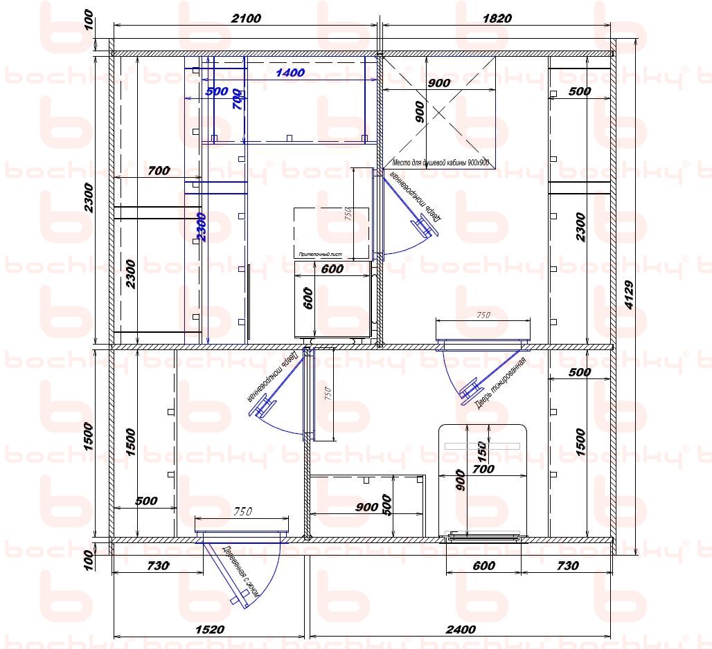 2100×1820-1520×2400 entrance left oven at the middle bottom