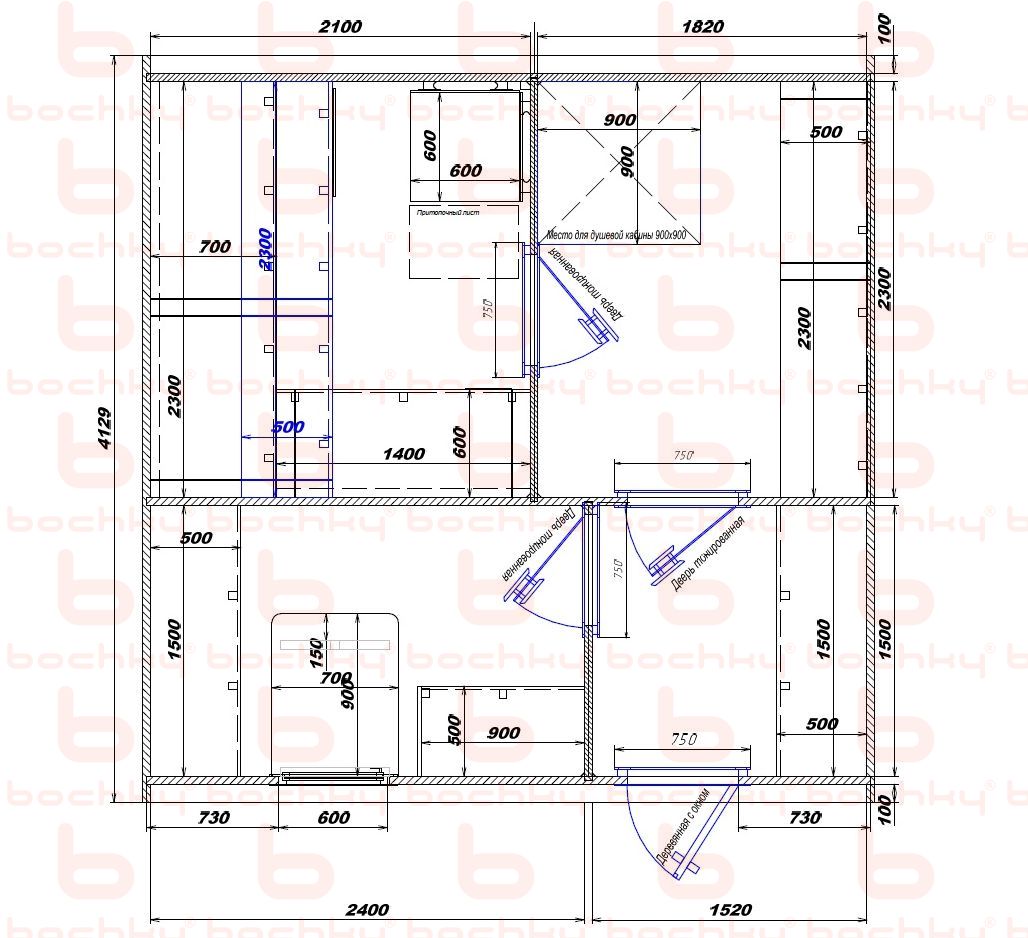 2100×1820-2400×1520 entrance on the right side of the oven at the blind bottom