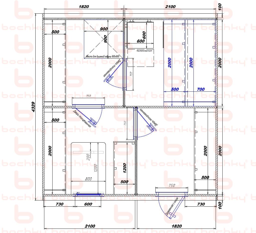 1820×2100-2100×1820 entrance on the right side of the oven at the blind bottom