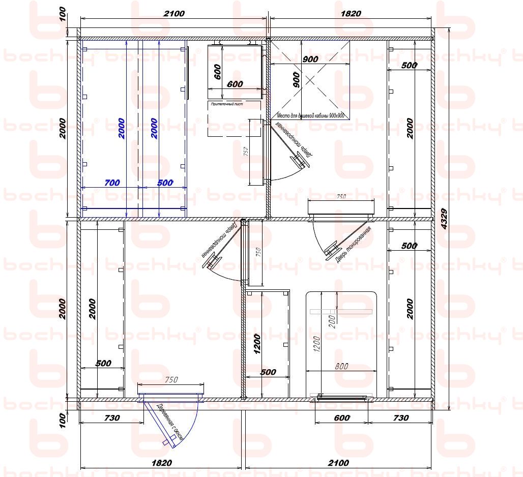 2100×1820-1820×2100 entrance on the left of the furnace at the blind bottom