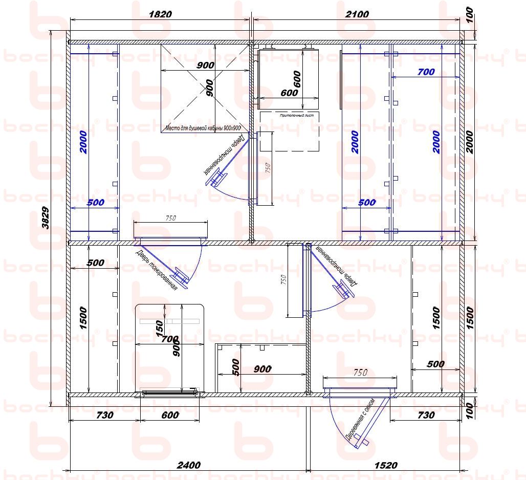1820×2100-2400×1520 entrance on the right side of the oven at the blind bottom